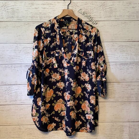J for Justify Navy Blue and Vintage Floral Blouse Business Top Shirt Plus 1X - Picture 1 of 9